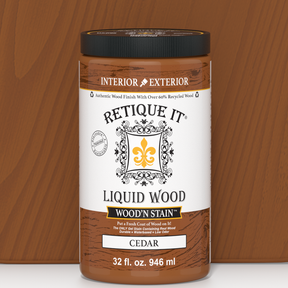 Retique It Liquid Wood Wood'n Stain in Cedar, 32 oz bottle showing the stain color and packaging for wood finishing.
