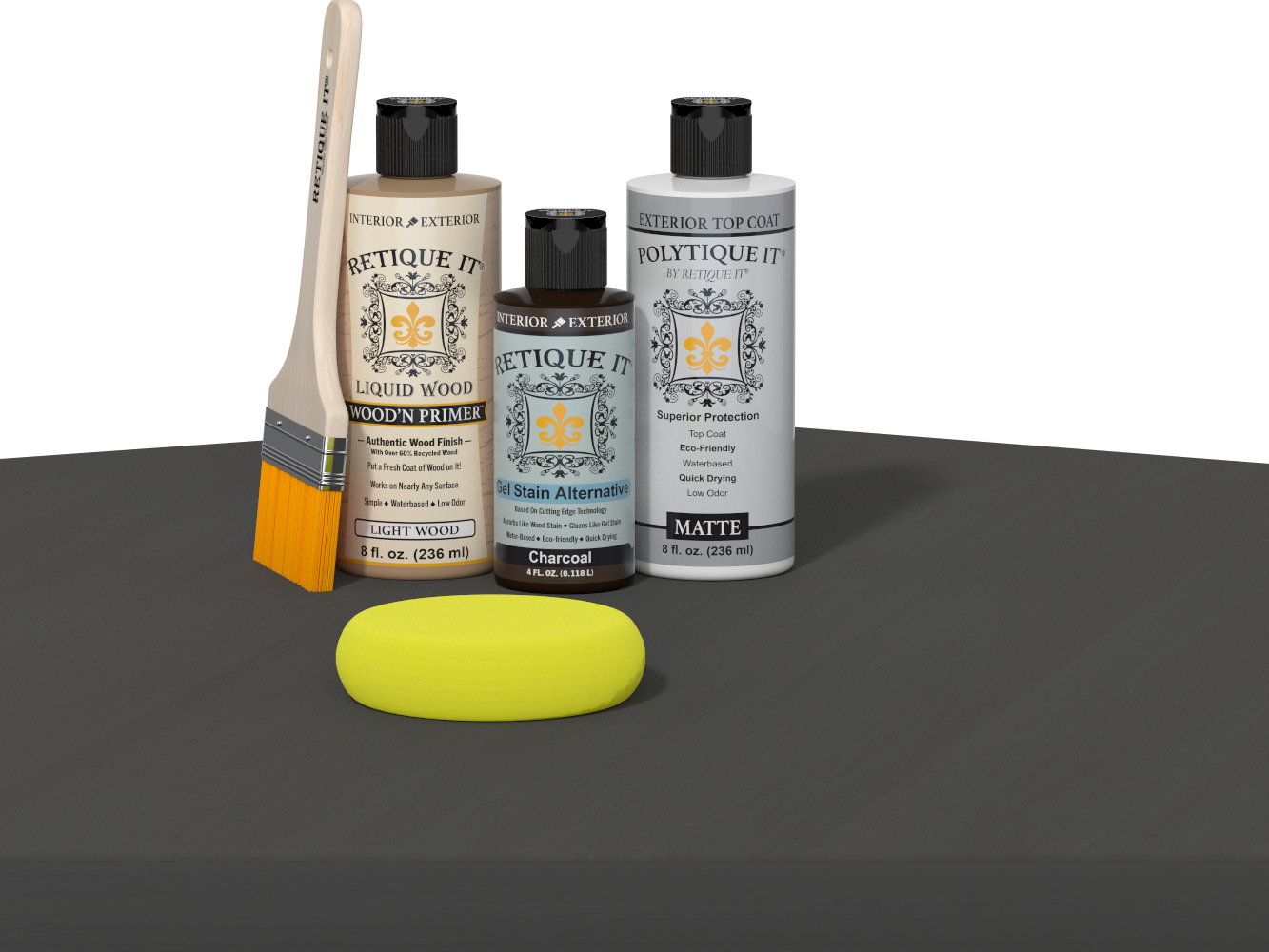 Retique It® Multi-purpose Smooth Finish Kit in Charcoal for exterior wood projects, includes top coat for a sleek finish.