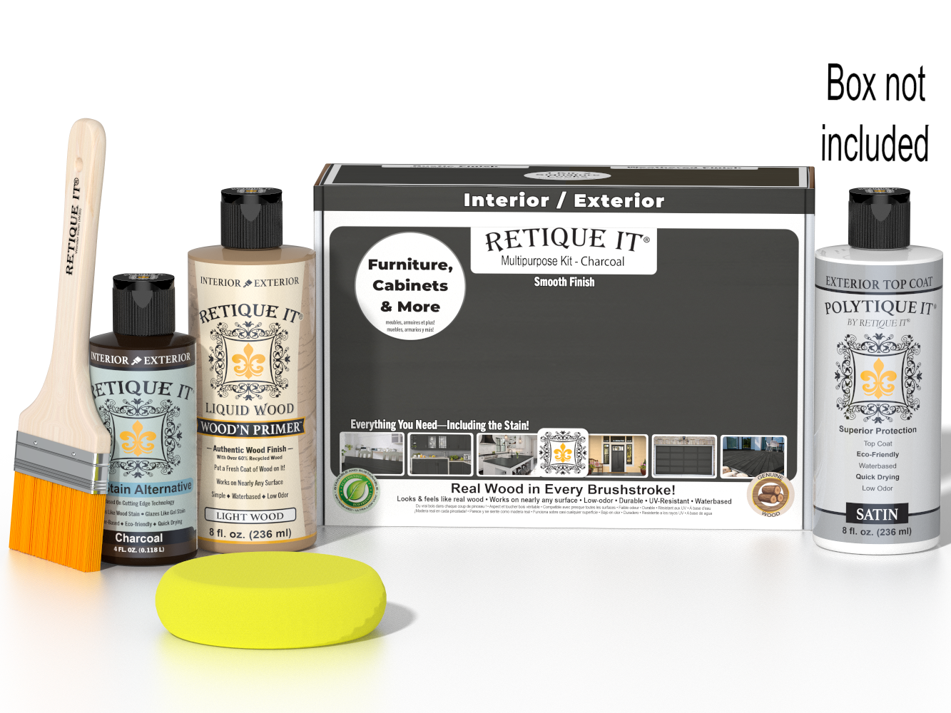 Retique It® Multi-purpose Smooth Finish Kit in charcoal for exterior wood projects, includes top coat and application tools.