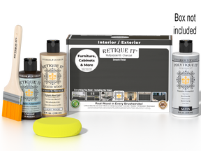 Retique It® Multi-purpose Smooth Finish Kit in charcoal for exterior wood projects, includes top coat and application tools.