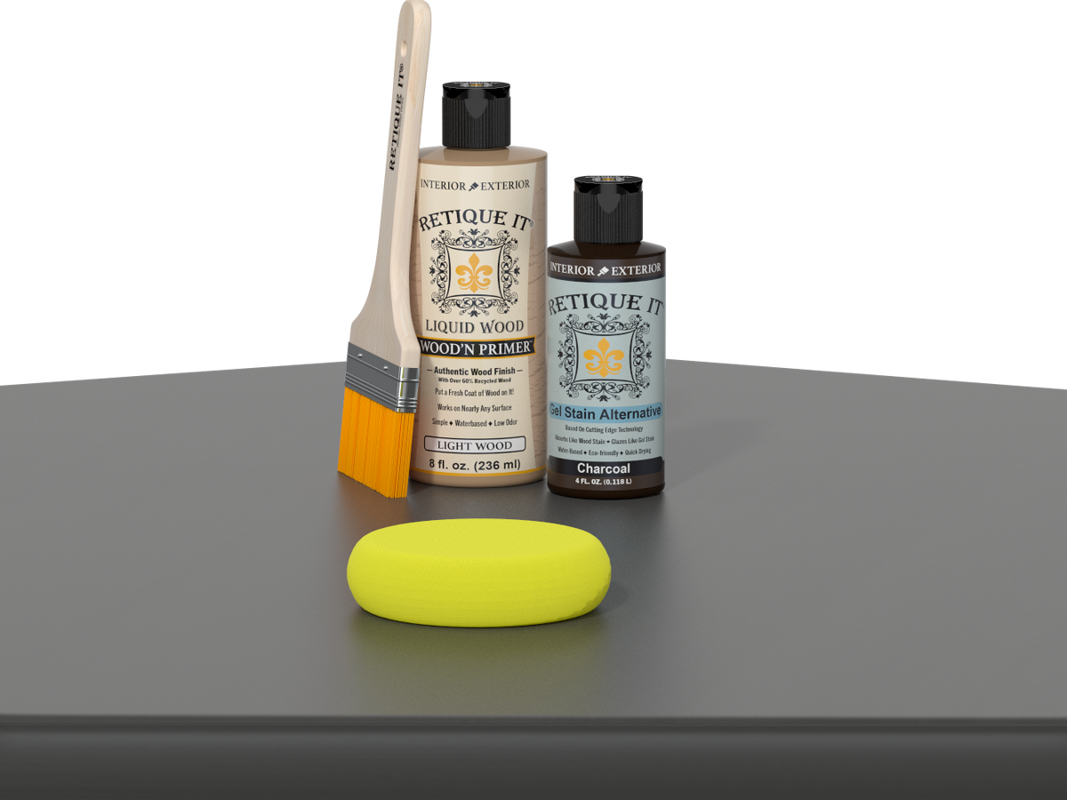 Retique It® Multi-purpose Smooth Finish Kit in Charcoal, with wood sample and application tools for wood finishing.
