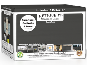 Retique It® Multi-purpose Smooth Wood'n Finish Kit in charcoal for exterior wood projects, featuring four large containers and top coat.