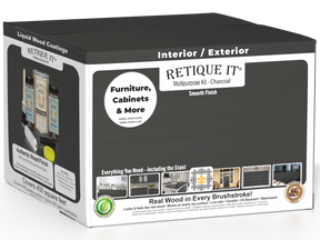 Retique It® Wood'n Finish Kit in charcoal with 4 large exterior top coat containers, showcasing smooth wood finish and application tools.