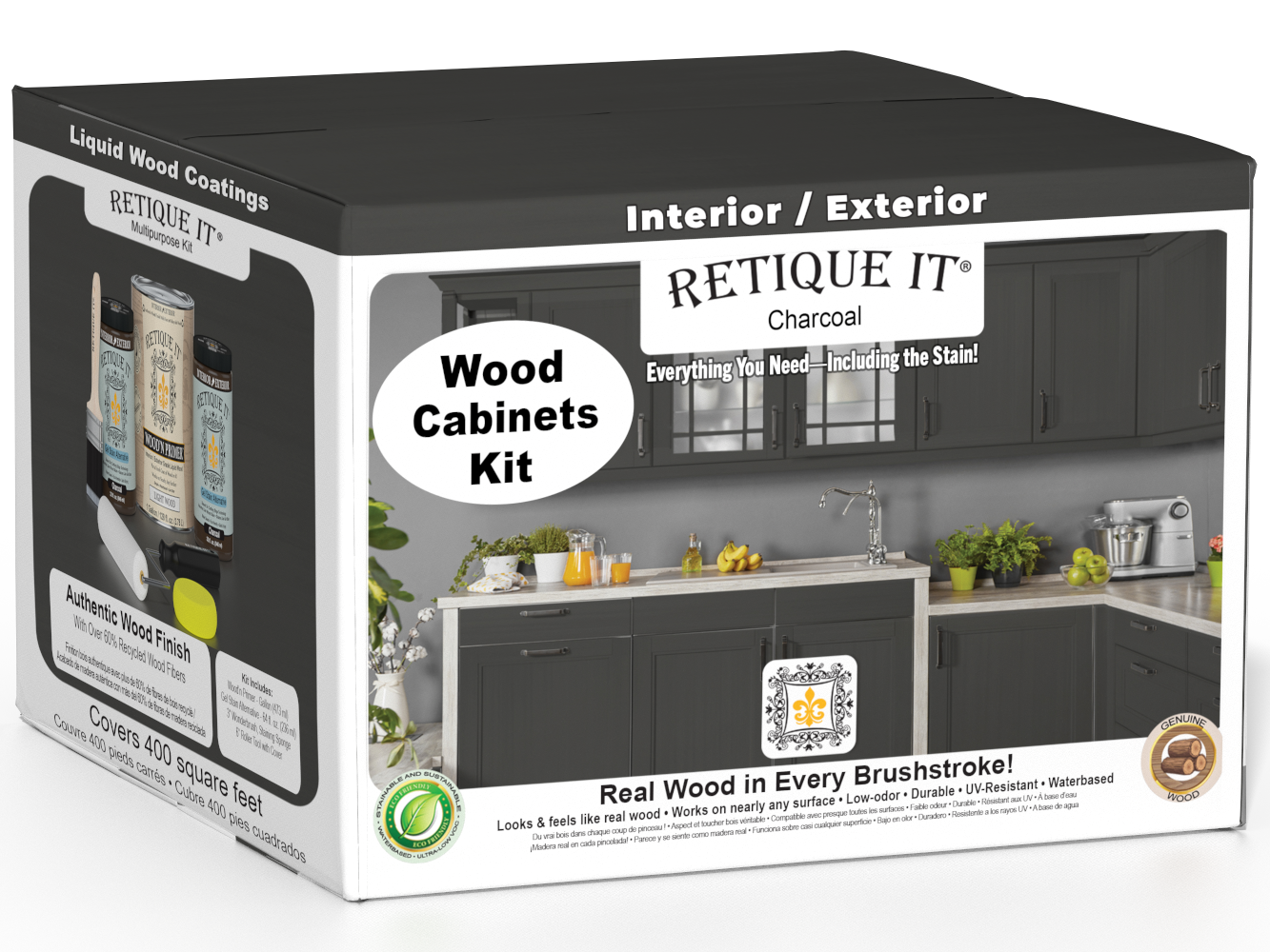 Retique It® Wood'n Cabinet Kit with 48 smooth charcoal stained cabinet doors, designed for easy home renovation.