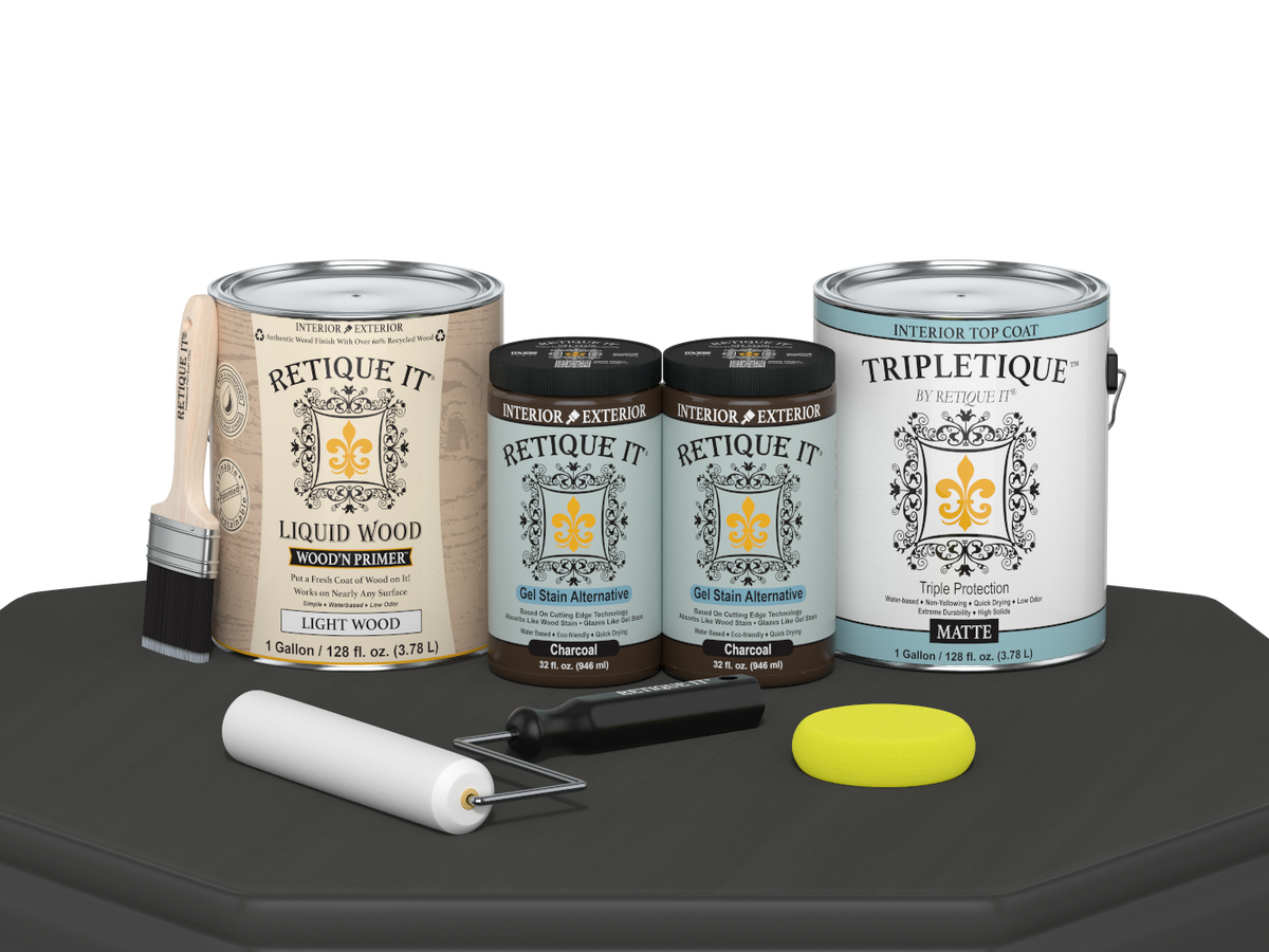 Retique It® multi-purpose charcoal wood finish kit with four large interior top coat bottles, smooth matte surface, ideal for wood projects.