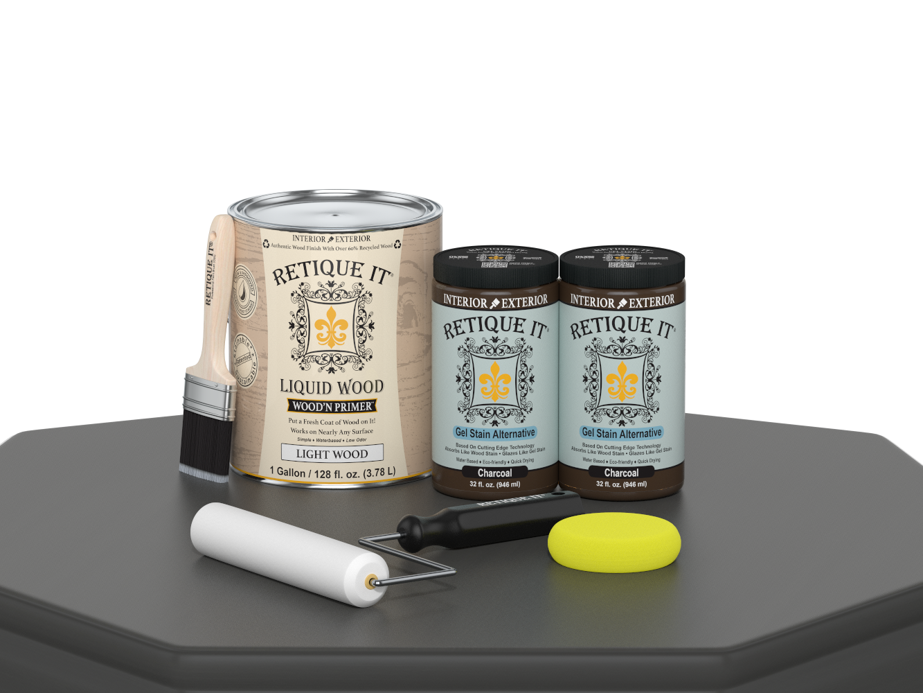 Retique It® Wood'n Cabinet Kit with 48 charcoal-colored, smooth door stains for cabinetry, shown on a table surface.