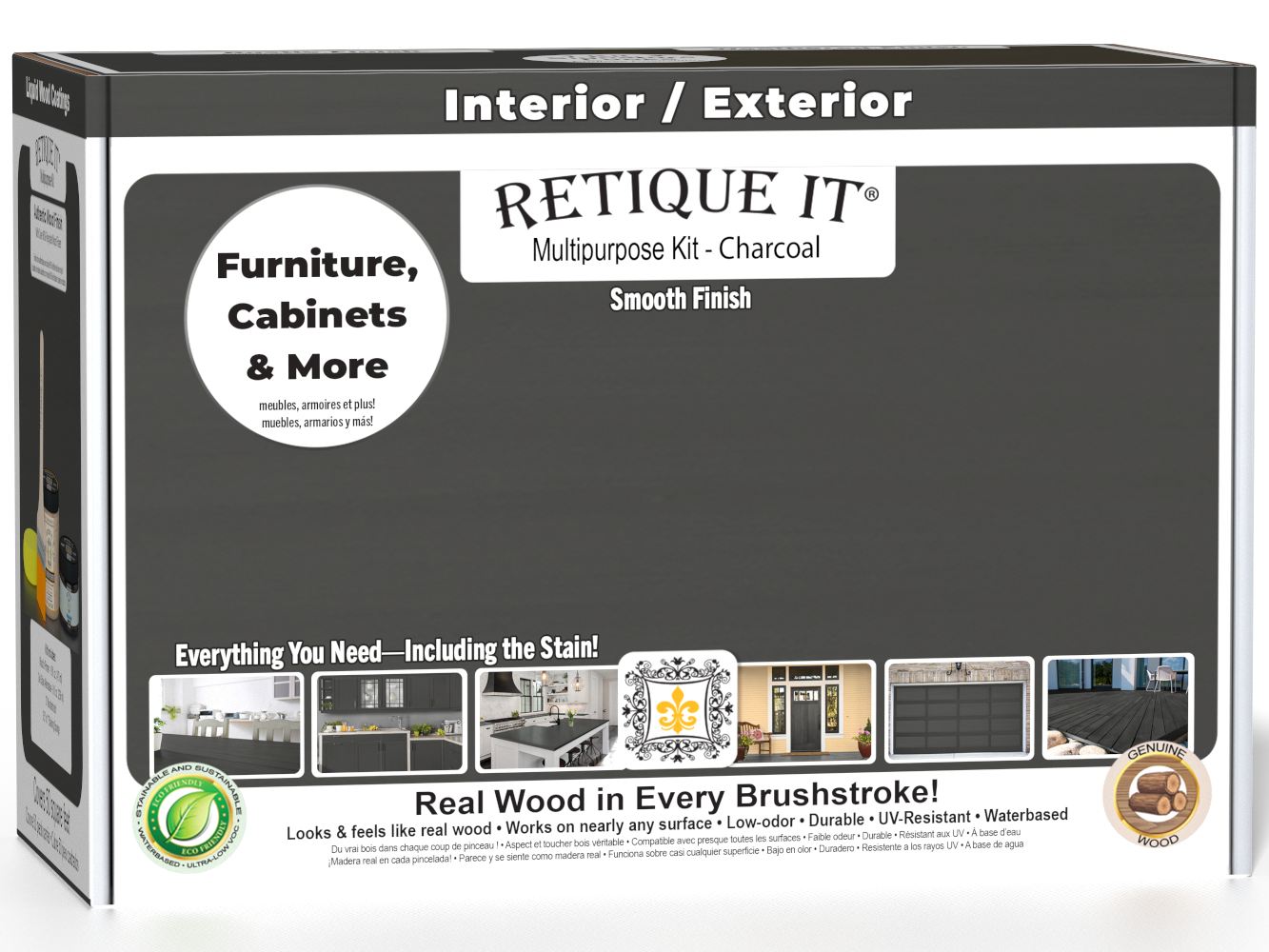 Retique It® Multi-purpose Smooth Finish Kit (Med) in Charcoal for wood finishing, includes tools and materials in a compact box.