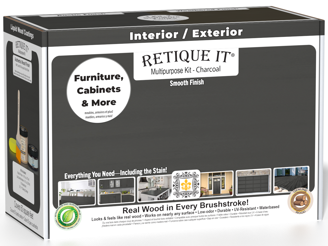 Retique It® Multi-purpose Smooth Finish Kit (Med) in Charcoal for wood finishing, featuring a box with applicators and tools.