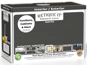 Retique It® Multi-purpose Smooth Finish Kit (Med) in charcoal for interior wood projects, includes top coat and application tools.