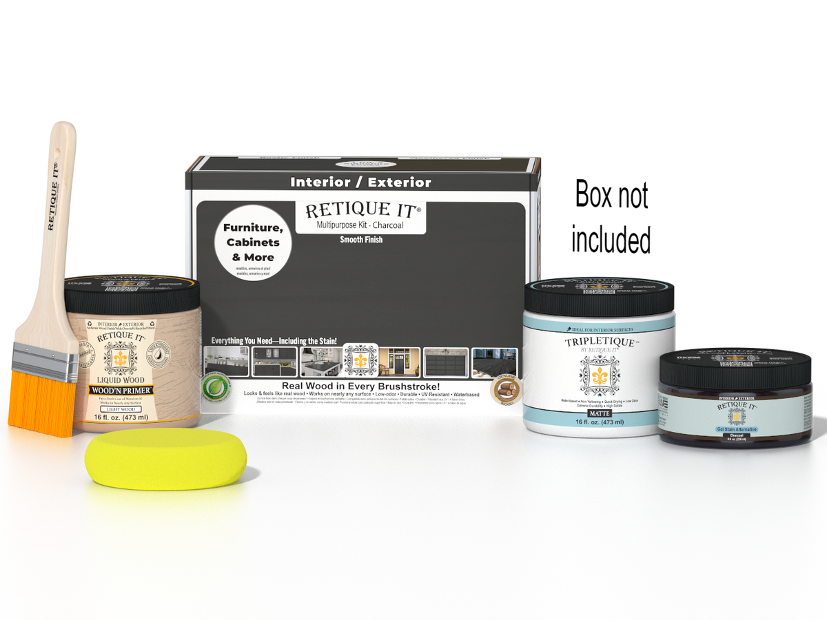 Retique It® wood finish kit with charcoal-colored interior top coat, includes multiple products for a smooth, professional finish.