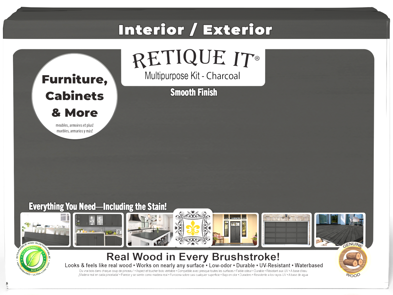 Large charcoal multi-purpose smooth finish kit for interior wood projects by Retique It® Wood'n Finish Kits, including top coat components.