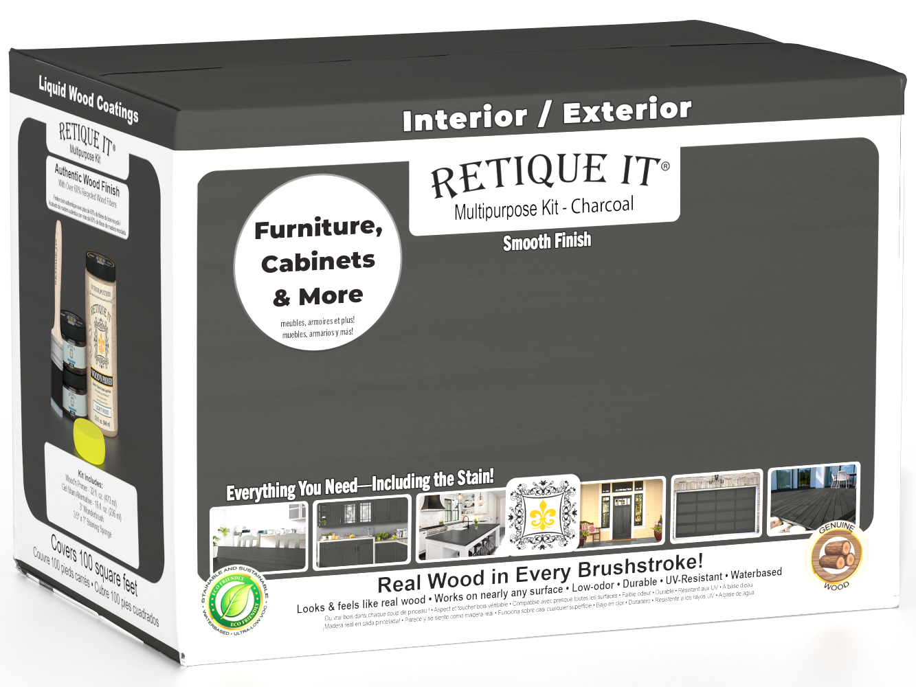 Retique It® Wood'n Cabinet Kit with 12 charcoal-colored smooth stain doors for cabinets, shown in a modern kitchen setting.
