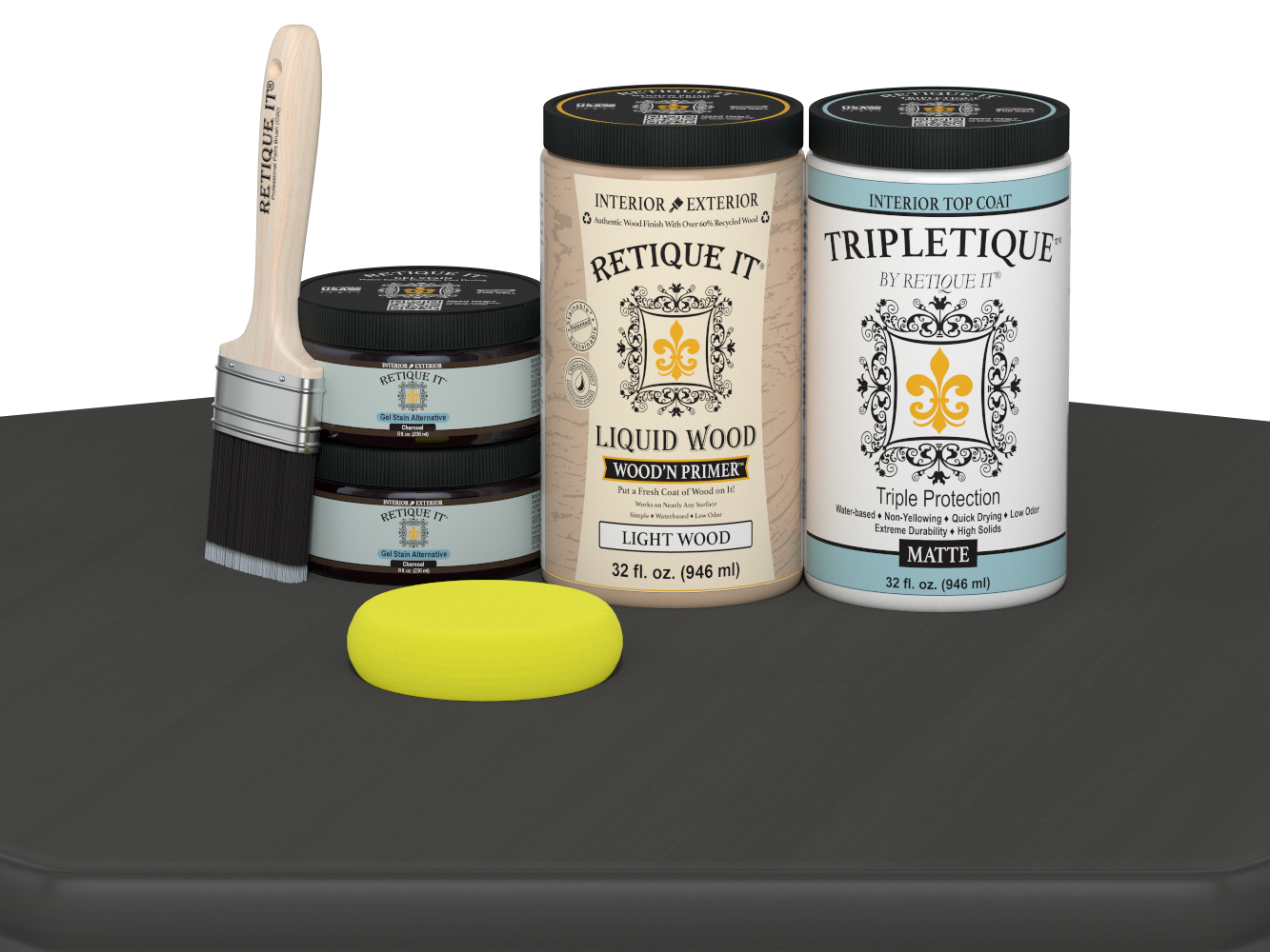 Large charcoal Multi-purpose Smooth Finish Kit by Retique It® for wood interior top coating, includes tools and finish components.