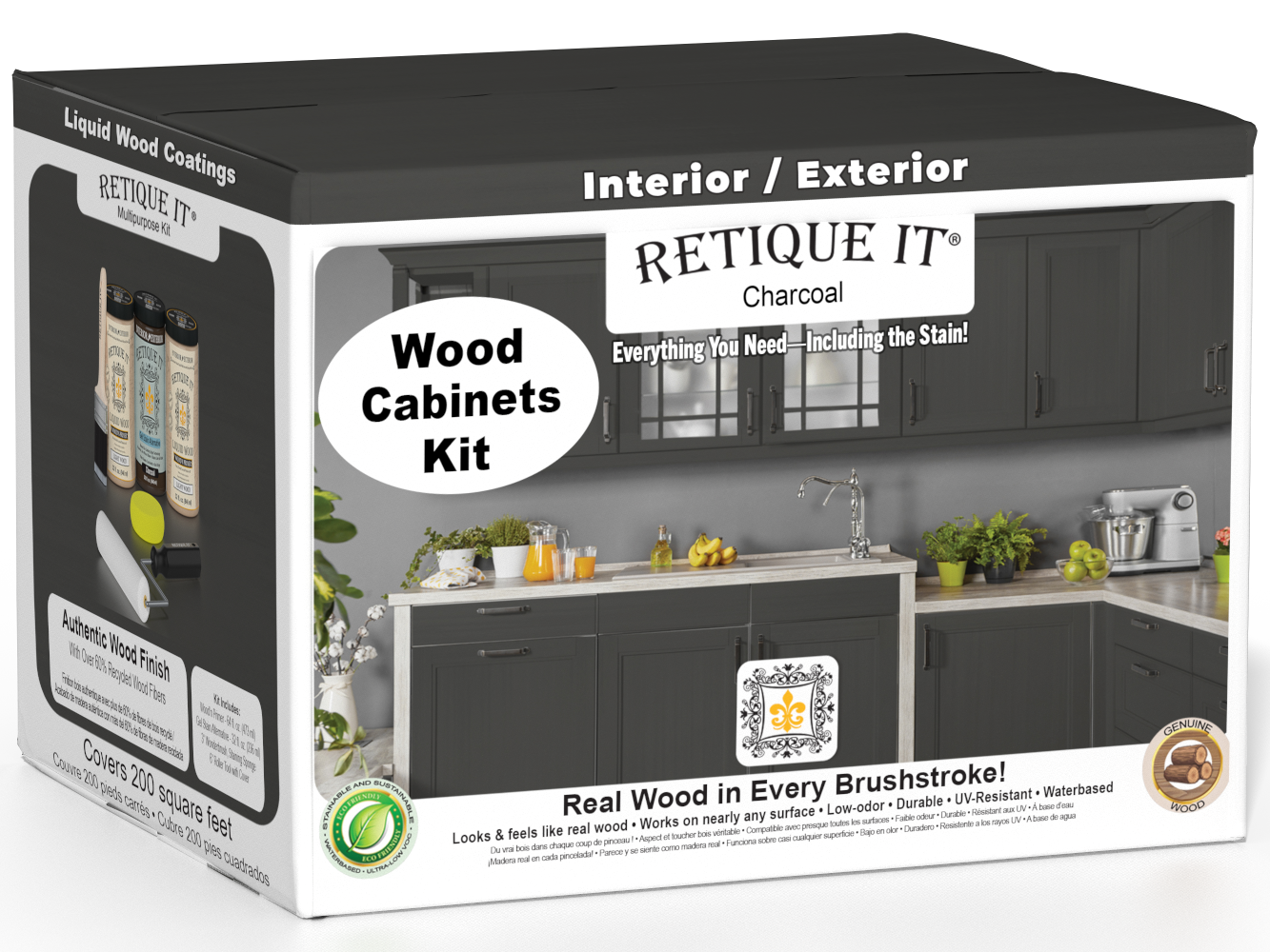 Retique It® Wood'n Cabinet Kit with 24 smooth charcoal stained cabinet doors, designed for DIY furniture updates.