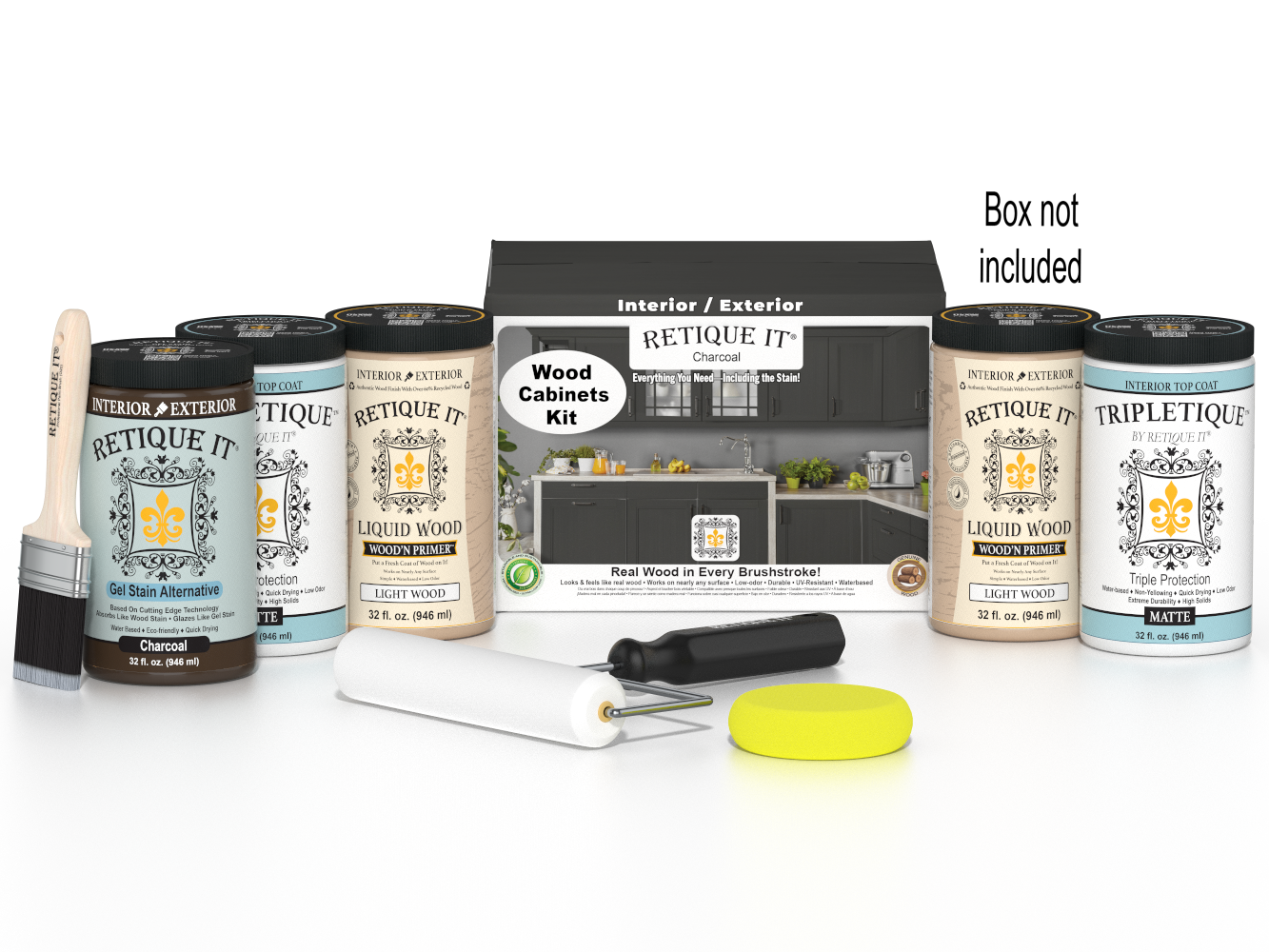Retique It® Wood'n Cabinet Kit with 24 smooth charcoal doors, stain kit for cabinetry renovation, includes application tools.