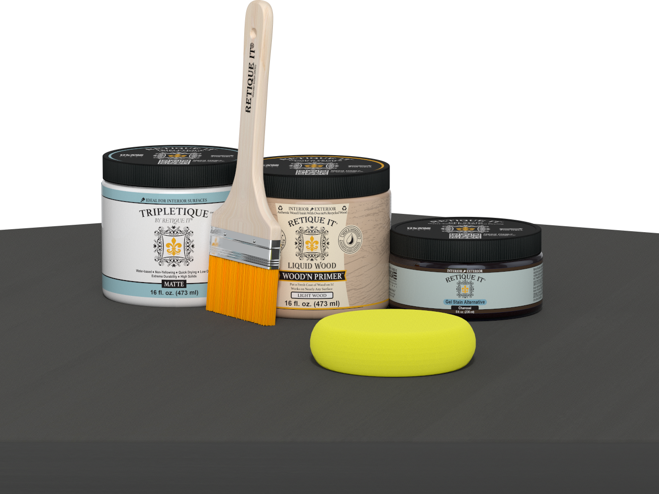 Retique It® Multi-purpose Smooth Finish Kit in charcoal for interior wood surfaces, featuring a matte top coat application.