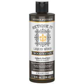 Retique It Liquid Wood Wood'n Stain in 8 oz Charcoal color, showing the stain's dark charcoal finish on wood surface.