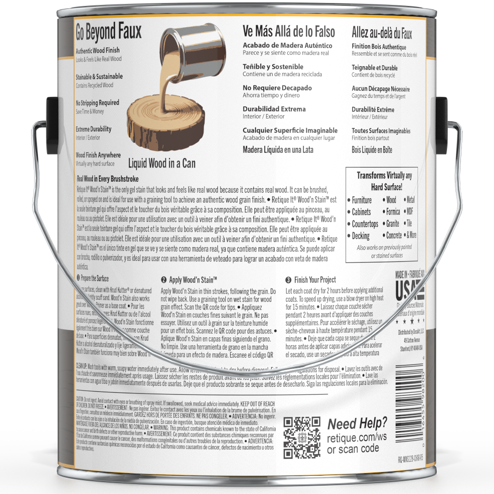 Retique It Liquid Wood Wood'n Stain in Charcoal, 128 oz bottle, showcasing the stain's deep charcoal color and container.
