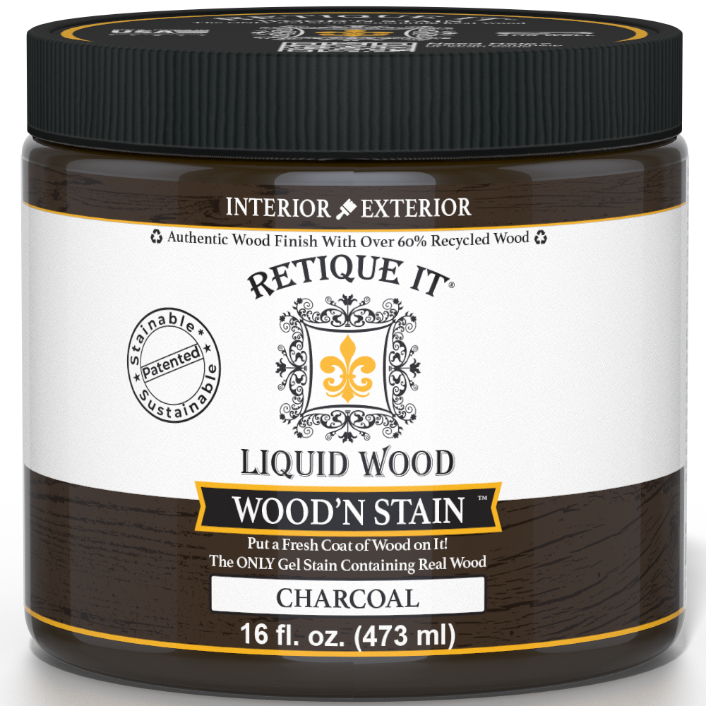 Liquid Wood Wood'n Stain by Retique It in Charcoal, 16 oz, showcasing the deep charcoal stain applied to wood surface.