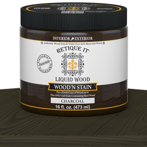 Retique It Liquid Wood Wood'n Stain in Charcoal, 16 oz, showcasing the dark, rich stain applied to wood for a natural finish.