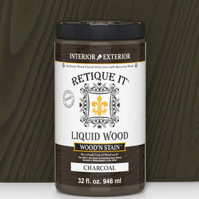 Retique It Liquid Wood Wood'n Stain in Charcoal, 32 oz bottle, showcasing the dark, rich wood stain product for furniture and decor.