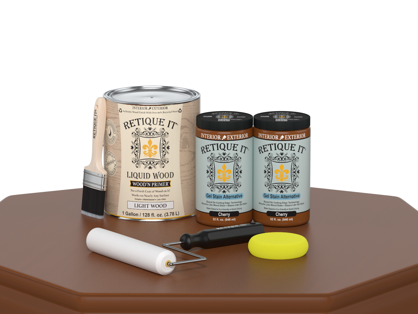 Retique It® Cherry Multi-purpose Smooth Finish Kit with four large wood finishing tools and supplies on a table.
