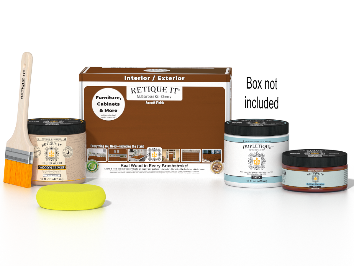 Retique It Cherry Multi-purpose Smooth Finish Kit for interior wood projects, includes top coat and application tools.