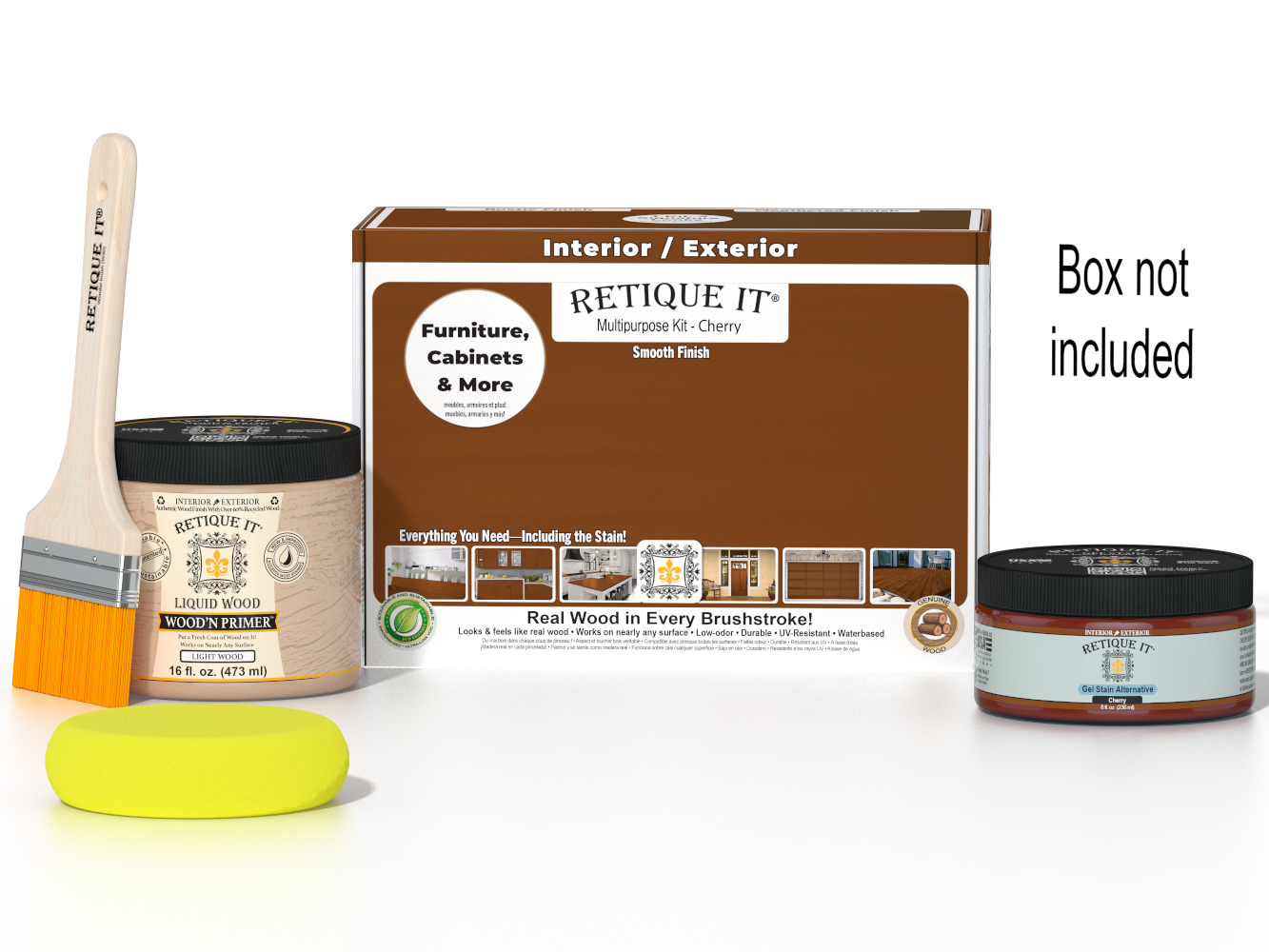 Retique It® Cherry Multi-purpose Smooth Finish Kit (Med) with wood finishing tools and wood stain for furniture refinishing.