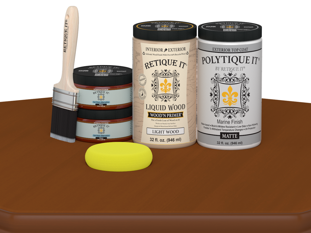 Large Cherry wood finish kit with matte top coat from Retique It® for exterior projects, including smooth finish components.