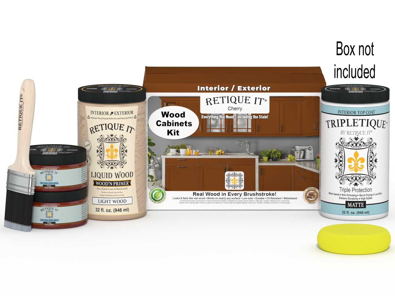 Retique It® Wood'n Cabinet Kit with 12 cherry-colored smooth doors and stain options, shown with packaging and cabinet components.