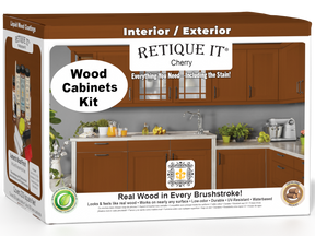 Retique It® Wood'n Cabinet Kit with 24 cherry stained smooth cabinet doors, shown in a box with assembled cabinet views.