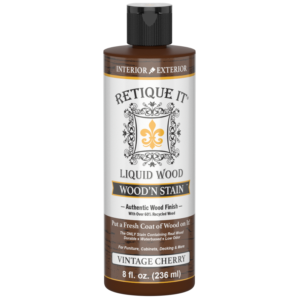 Liquid Wood'n Stain by Retique It in Vintage Cherry, 8 oz, showcasing a rich wood stain applied on a surface for a warm finish.