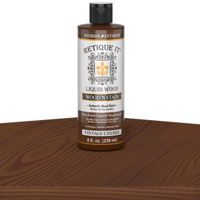 Retique It Liquid Wood Wood'n Stain in Vintage Cherry 8 oz bottle, showcasing the rich, deep red stain for wood finishing.