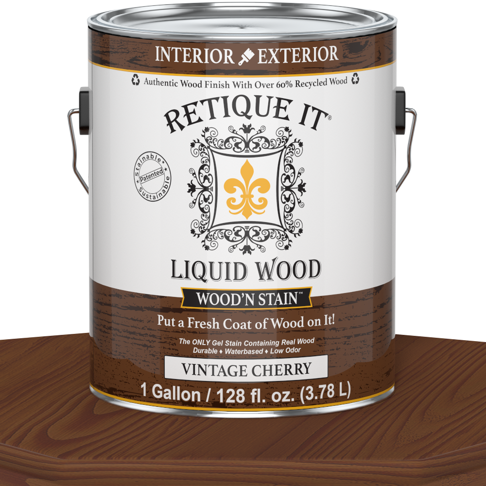 Liquid Wood Wood'n Stain in Vintage Cherry by Retique It, 128 oz bottle, showing the stain's rich wood finish and color.