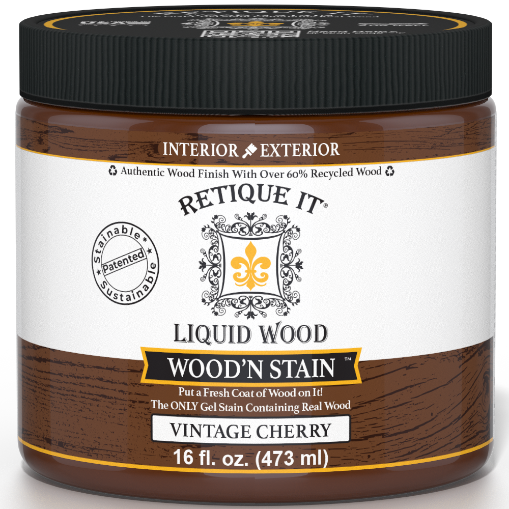Retique It Liquid Wood Wood'n Stain in Vintage Cherry, 16 oz bottle, showcasing the rich cherry stain color and applicator tip.