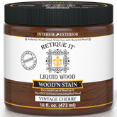 Retique It Liquid Wood Wood'n Stain in Vintage Cherry, 16 oz bottle, showcasing the rich cherry stain color and applicator tip.