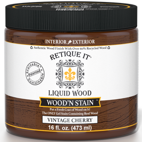 Retique It Liquid Wood Wood'n Stain in Vintage Cherry, 16 oz bottle, showcasing the rich cherry stain color and applicator tip.