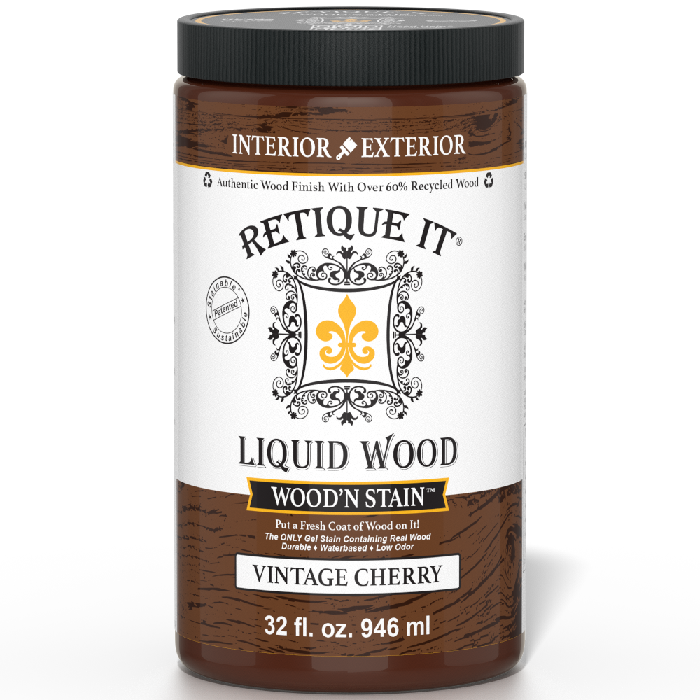 Retique It Liquid Wood Wood'n Stain in Vintage Cherry, 32 oz bottle, showcasing the rich stain color and packaging.