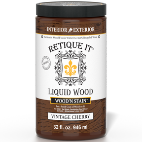 Retique It Liquid Wood Wood'n Stain in Vintage Cherry, 32 oz bottle, showcasing the rich stain color and packaging.