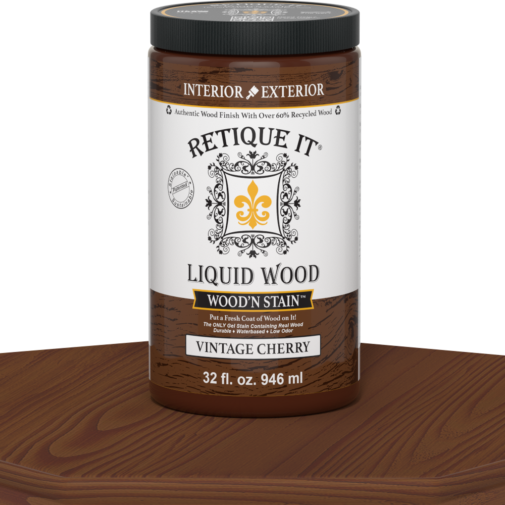 Retique It Liquid Wood Wood'n Stain in Vintage Cherry, 32 oz bottle, showcasing the rich cherry stain color on wood surface.