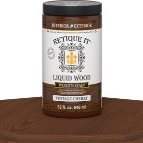 Retique It Liquid Wood Wood'n Stain in Vintage Cherry, 32 oz bottle, showcasing the rich cherry stain color on wood surface.