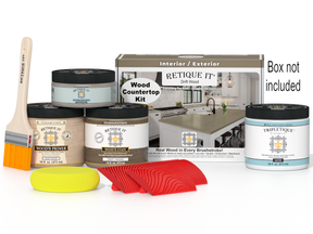 Retique It® Drift Wood stain kit for kitchen island countertops, includes applicator tools and sample swatches.