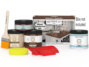 Retique It® Java countertop kit for kitchen island, featuring stain applicator and sample swatches on a box.