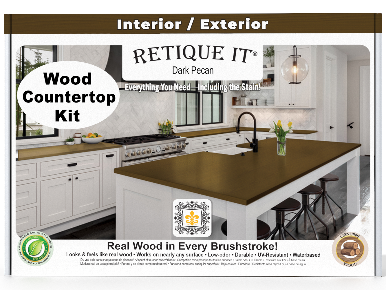 Dark Pecan stain kit for kitchen island countertops by Retique It® showing stain swatches and application tools.