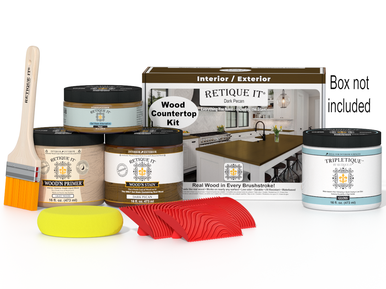 Retique It® dark pecan countertop kit for kitchen islands, featuring stain samples and application tools for a wood finish.