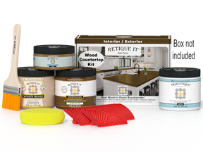 Retique It® dark pecan stain kit for kitchen island countertops, includes tools and stain for a polished wood finish.