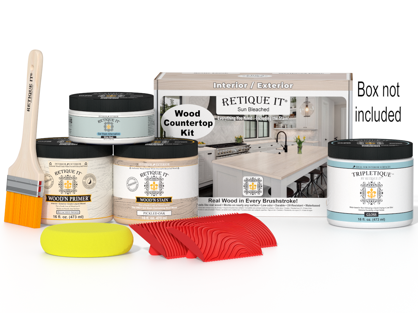 Sun bleached wood finish countertop kit by Retique It® for kitchen islands, includes wood finish components in a box.