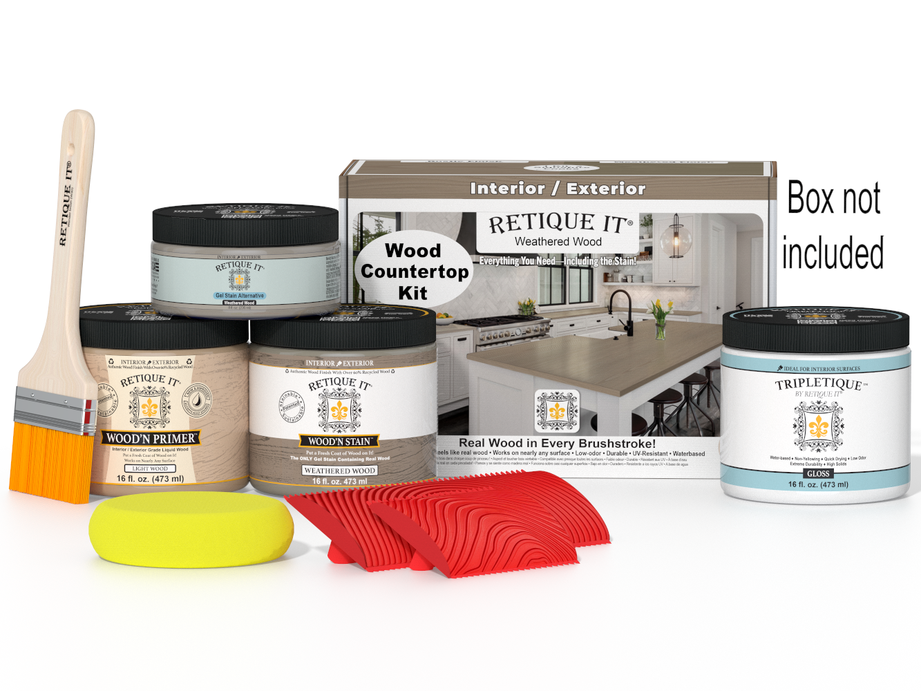 Weathered wood kitchen island countertop kit by Retique It® with stain, featuring weathered wood finish in a natural kitchen setting.
