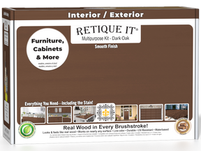 Retique It® Dark Oak Multi-purpose Smooth Finish Kit for interior wood, includes top coat in matte finish, shown in open box.