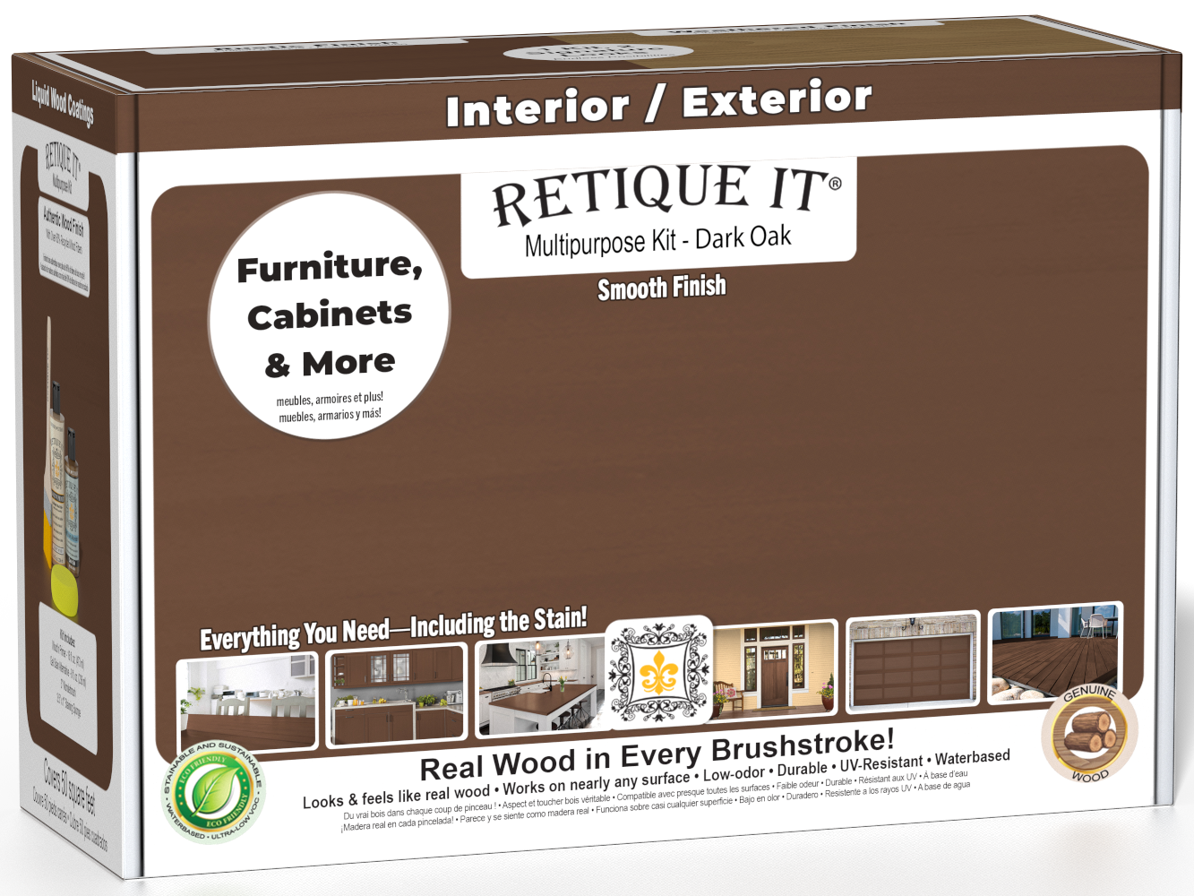 Retique It® Multi-purpose Smooth Finish Kit in Dark Oak for interior wood projects, includes top coat with a matte finish.